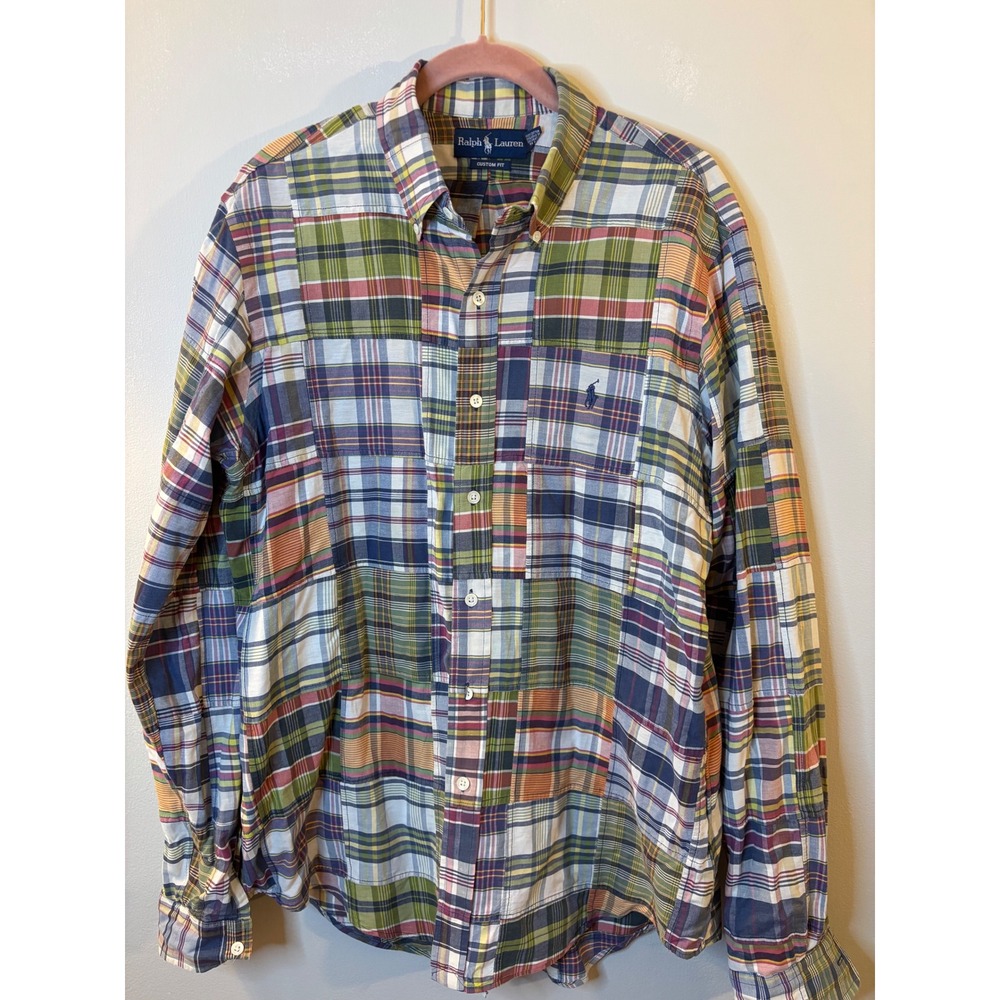 Vintage Ralph Lauren Polo Madras Plai Patchwork Shirt L Preppy 90's